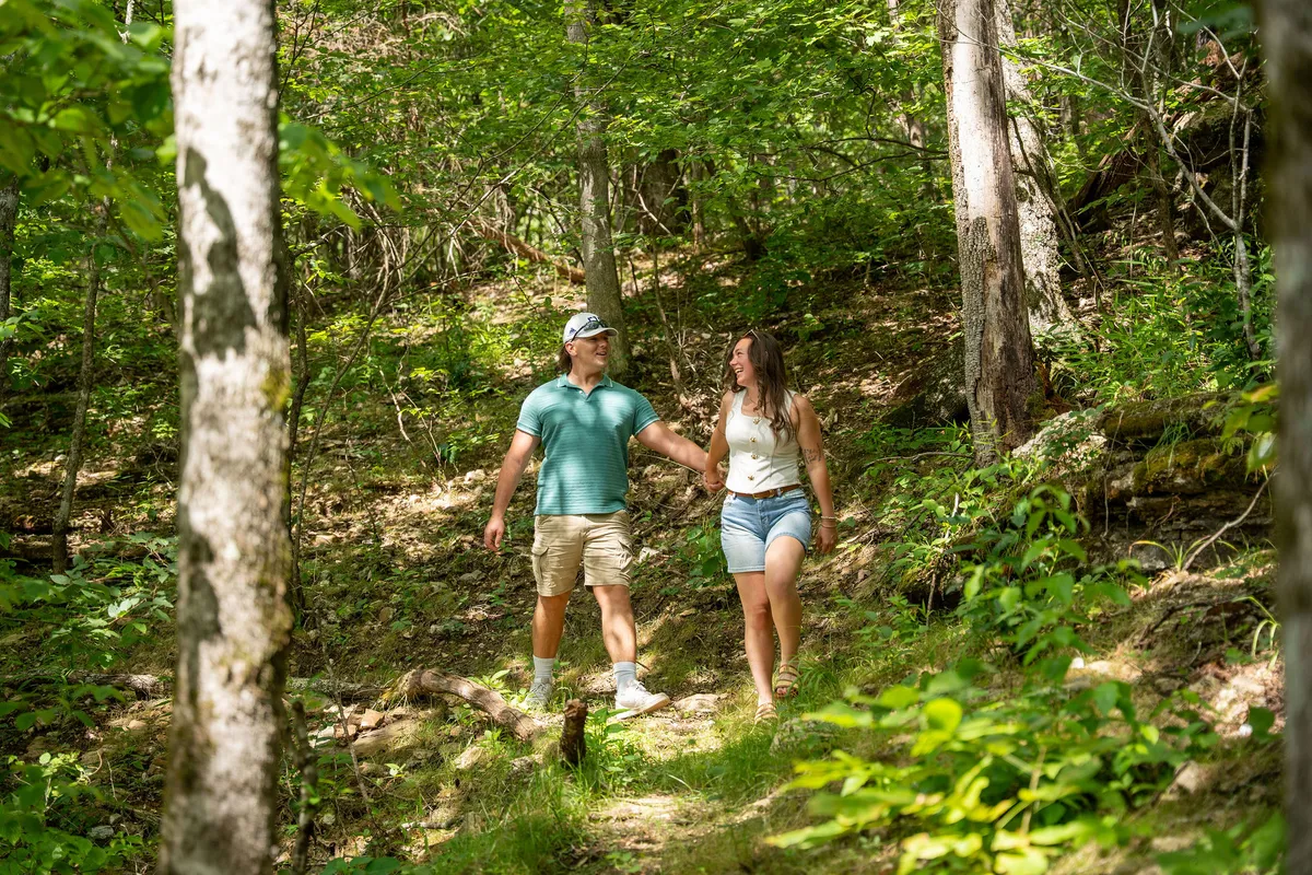 A couple walks hand in hand along a lush, sun-dappled forest trail, surrounded by rich greenery and natural light filtering through the trees. The atmosphere is peaceful and intimate, evoking a sense of romantic adventure in nature.