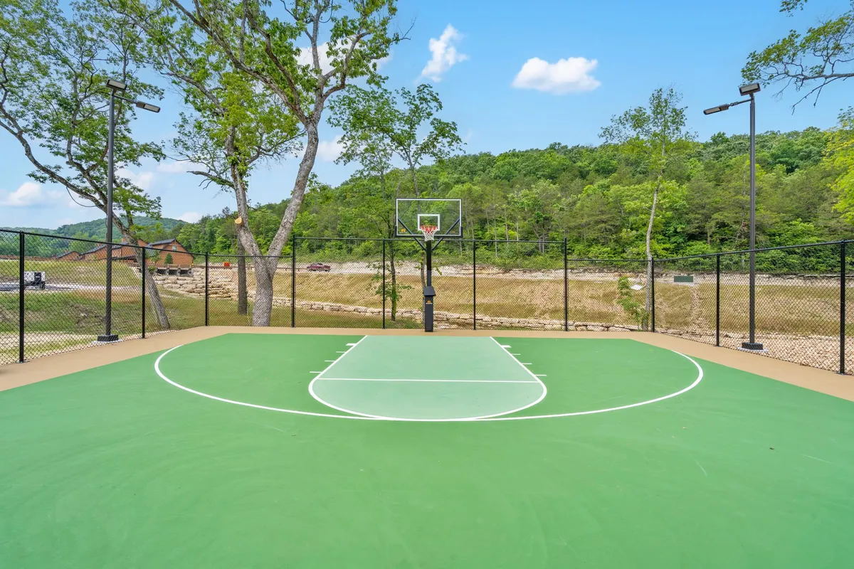 An outdoor basketball court framed by green trees, featuring a standard hoop and ample space for friendly games or casual gatherings.